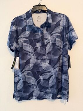 Nike Navy and Light Blue Leaf Print Dri-FIT Golf Polo